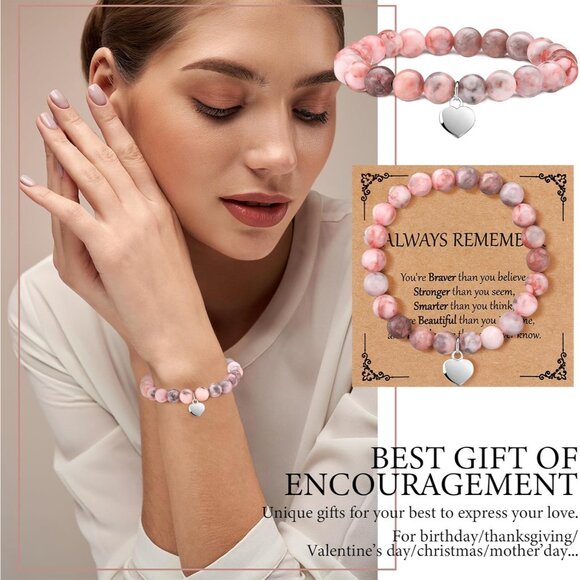 12-Piece Pink Natural Stone Beaded Bracelets with Inspirational Cards - Picture 3 of 6